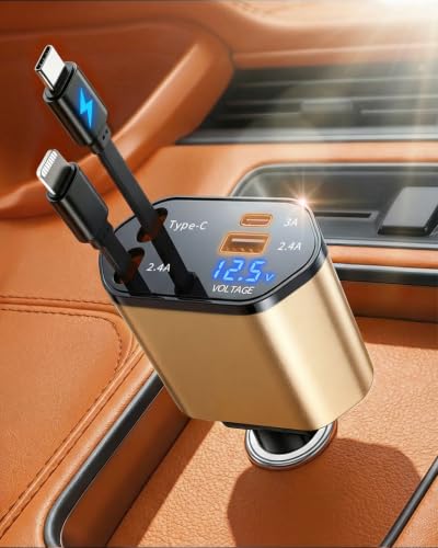 4 in 1 Retractable Car Charger, USB C Fast Charging Adapter, Gold - color: Gold