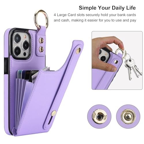 Folosu for iPhone 15 Pro Max Wallet Case with Card Holder, Hand Wrist Strap Loop Holder Kickstand, RFID Blocking Finger Grip Ring PU Leather Double Buttons Shockproof Cover 6.7" Purple - color: Purple