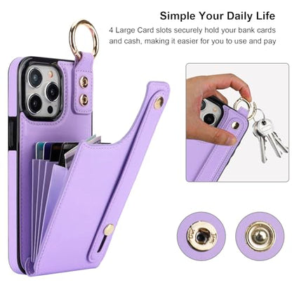 Folosu for iPhone 15 Pro Max Wallet Case with Card Holder, Hand Wrist Strap Loop Holder Kickstand, RFID Blocking Finger Grip Ring PU Leather Double Buttons Shockproof Cover 6.7" Purple - color: Purple