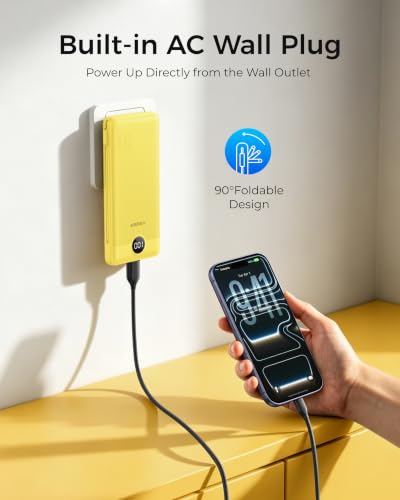 VEGER Portable Charger for iPhone, Power Bank Built in Cables and Wall Plug - color: Yellow