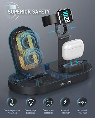 4 in 1 Wireless Charging Station, Fast Charging Dock Stand with 2 USB Ports for Apple Watch, AirPods, Cell Phones, Wireless Charger Compatible with iPhone 12/13/14/15/16 (Gary)