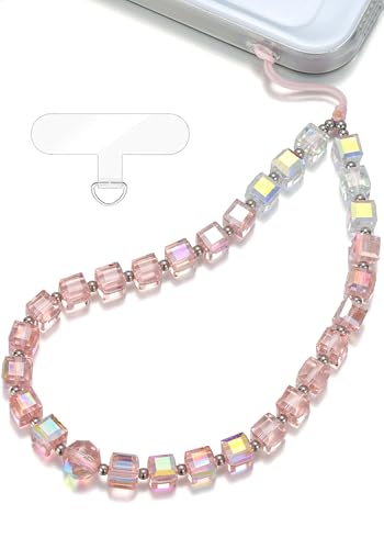 Crystal & Pearl Phone Charm Wrist Strap, Beaded Lanyard Wristlet Chain, Hands-Free Bracelet Strap for Phone Cases - color: Cube-pink
