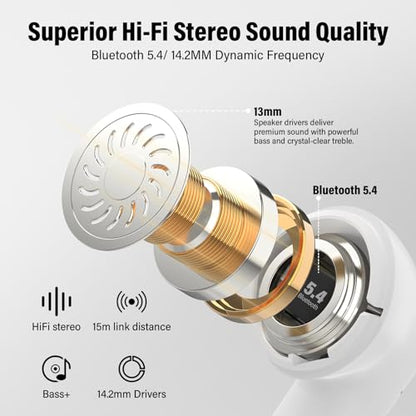Wireless Earbuds, Bluetooth 5.4 Headphones 48H Playtime Ear Buds, Bluetooth Earbuds Stereo with LED Display, Clear Call, IPX7 Waterproof in Ear Earphones with ENC Mic for Phones/Sports/Laptop, White - color: White
