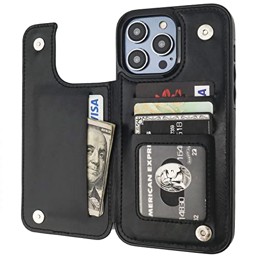 ONETOP for iPhone 14 Pro Max Wallet Case with Credit Card Holder,Black | Kickstand,ID/Cash Holder,Case Wallet with Card Slots,Double Magnetic Clasp,Durable PU Leather Shockproof Cover for Women Men - color: Black