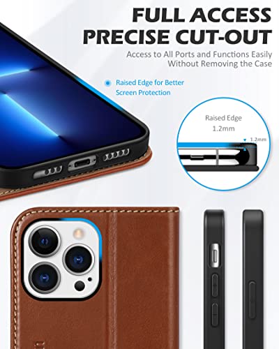 SHIELDON Genuine Leather Wallet Case for iPhone 13 Pro 2021, Retro Brown | RFID Blocking, Credit Card Holder, Magnetic Closure, Kickstand, Folio Design, Shockproof Phone Cover - color: Brown - Retro