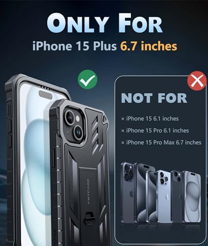 FNTCASE for iPhone 15 Plus Case, Built-in Screen Protector, Kickstand Black | Military-Grade Drop Protection, Anti-Slip Matte Textured, Rugged Heavy Duty Shockproof TPU Protective Cover - color: Black