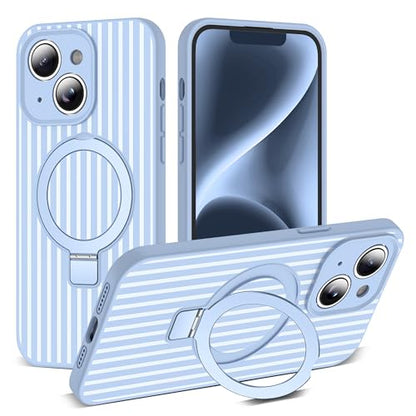 SKYLMW Striped Case for iPhone 14 with Stand,6.1" Blue/White | Aesthetic Striped,Magnetic Stand,Compatible with Mag-Safe,Silicone 14 Phone Case - color: Blue/White, size: Iphone 14