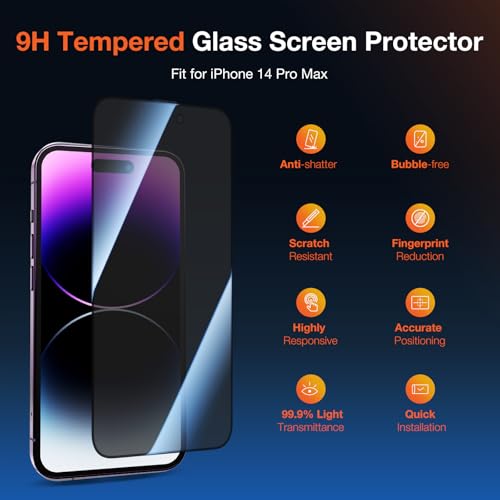 KUZOOM 2Pack Privacy Tempered Glass Screen Protector for iPhone 14 Pro Max - color: Black 14Pro Max