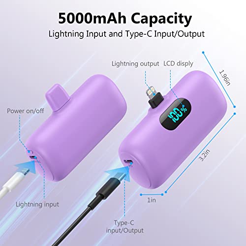 [2 Pack] Mini Portable Charger 5000mAh,Ultra-Compact 15W PD Fast Charging Power Bank,LCD Display Cute Battery Pack Backup Charger Compatible with iPhone 14/14 Pro Max/13 Pro/12/11/XR/8/7-Green+Purple - color: z-Green+Purple