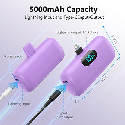 [2 Pack] Mini Portable Charger 5000mAh,Ultra-Compact 15W PD Fast Charging Power Bank,LCD Display Cute Battery Pack Backup Charger Compatible with iPhone 14/14 Pro Max/13 Pro/12/11/XR/8/7-Green+Purple - color: z-Green+Purple