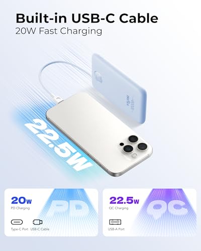 VIYISI 0.58” Slim Portable Charger Small 10000mAh with Built-in USB C Cable - color: Blue