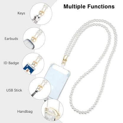MoKo Pearl Phone Crossbody Chain Lanyard with Wrist Strap and 2 Patches - color: Pearl White