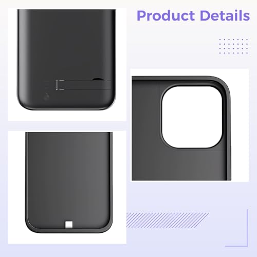 5000mAh Battery Case for 16, Wireless Charging Enabled, Full-Edge Liquid Silicone Protective Cover, Data Transfer Capable, Dual Input Ports, LED Power Indicator Black
