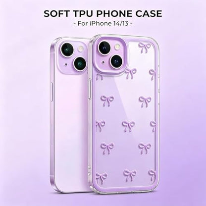 Compatible with iPhone 13 Case, Clear Purple Cute Ribbon Bowknot Pattern, Transparent Phone Case Raised Camera Protection Stylish Slim Soft TPU Protective Cover for Women - color: A3-Purple, size: iPhone 13