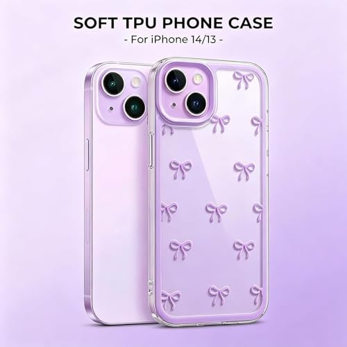 Compatible with iPhone 14 Case, Clear Purple Cute Ribbon Bowknot Pattern, Transparent Phone Case Raised Camera Protection Stylish Slim Soft TPU Protective Cover for Women - color: A3-Purple, size: iPhone 14