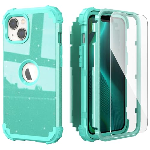 IDweel for iPhone 15 Case with Screen Protector,Luxury 3 in 1 Shockproof Slim Fit Hybrid Heavy Duty Protection Glitter Hard PC Cover Soft Silicone Bumper Full Body Case,Glitter Cyan - color: Glitter Cyan