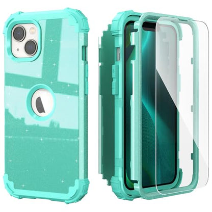 IDweel for iPhone 15 Case with Screen Protector,Luxury 3 in 1 Shockproof Slim Fit Hybrid Heavy Duty Protection Glitter Hard PC Cover Soft Silicone Bumper Full Body Case,Glitter Cyan - color: Glitter Cyan
