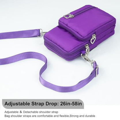 Small Crossbody Bag for Women, Multi Zip Pockets Nylon Wallet Purse Credit Card Holder with Detachable Hand Strap - color: Purple