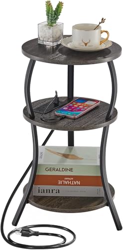YEAKOO Small Side Table with Charging Station,3-Tier Round end Table - color: Grey, style: USB Charger