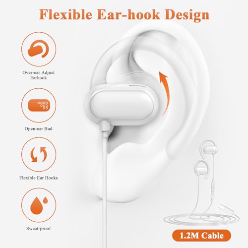 ACANDYA USB C Earbuds Wired Over Ear Headphone Open Ear Sport Headset White - color: White