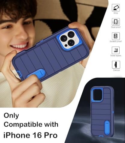 for iPhone 16 Pro Case with Screen Protector,Built-in Invisible Kickstand,Heavy Duty Shockproof Drop Protection Military Grade Tri-Layer Rugged Durable Cell Phone Cover for Apple 16 Pro 6.3" (Blue) - color: Blue