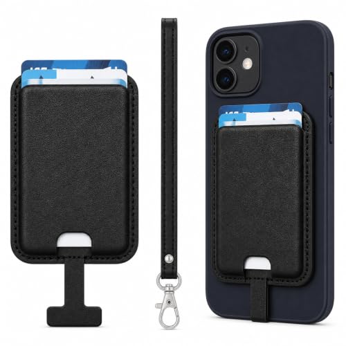 MagSafe Wallet with Wrist Strap, 3 Card Holder with RFID Blocking, MagSafe Sticker Included, Slim Magnetic Phone Wallet for iPhone 17e/17/16/15/14/13/12 Series and Selected Samsung Devices - color: Black