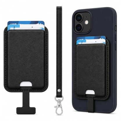 MagSafe Wallet with Wrist Strap, 3 Card Holder with RFID Blocking, MagSafe Sticker Included, Slim Magnetic Phone Wallet for iPhone 17e/17/16/15/14/13/12 Series and Selected Samsung Devices - color: Black