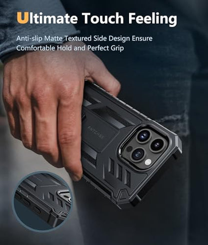FNTCASE for iPhone 15 Pro Max Case, Built-in Screen Protector, Kickstand | Military-Grade Drop Protection, Anti-Slip Matte Textured, Rugged Heavy Duty Shockproof TPU Protective Cover - color: Black
