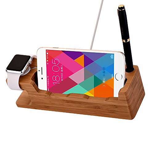 MOOZO Bamboo Wood Desktop Charging Dock Station Charger Holder Cradle Stand Compatible iPhone 16 15 14 13 12 11 Pro Max Apple Watch 2 3 4 / iWatch Samsung Galaxy S8 S7 S6 Edge Plus LG HTC Smartphones - color: 3 in 1 Charger Stand