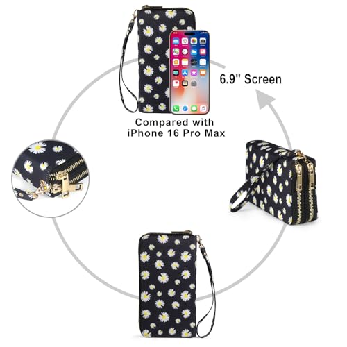 RFID Blocking Cellphone Wallet for Women with Wrist Strap, Double Zipper Travel Clutch Purse Large Capacity, Daisy - color: Black Daisy