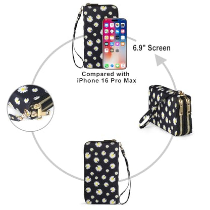 RFID Blocking Cellphone Wallet for Women with Wrist Strap, Double Zipper Travel Clutch Purse Large Capacity, Daisy - color: Black Daisy