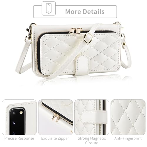 Wallet Case for Samsung Galaxy S20 5G 6.2 inch with Wrist Strap, Crossbody Shoulder Strap, Luxury PU Leather Stand Cell Phone Cover with 9+ Card Slots for S 20 20S UW S2O G5 Women White | Girls, Wrist/Shoulder Strap, 9+ Card Slots, Zipper Purse, Luxury PU