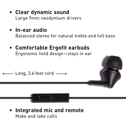 Panasonic ErgoFit Wired Earbuds with Microphone,3.5mm Wired Headphones with Mic and Call Controller,Ergonomic Custom-Fit Earpieces (S/M/L),for Phones & Laptops,RP-TCM125-KA (Matte Black) (Pack of 10) - color: Matte Black, size: S/M/L (Pack of 10), style: