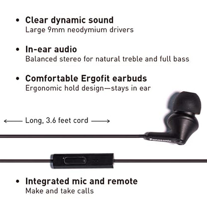 Panasonic ErgoFit Wired Earbuds with Microphone,3.5mm Wired Headphones with Mic and Call Controller,Ergonomic Custom-Fit Earpieces (S/M/L),for Phones & Laptops,RP-TCM125-KA (Matte Black) (Pack of 10) - color: Matte Black, size: S/M/L (Pack of 10), style: