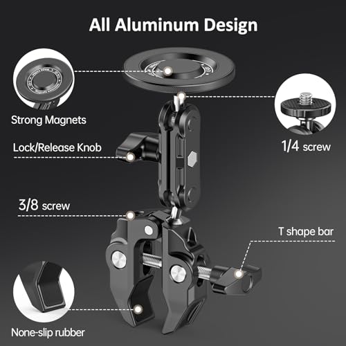 Mic Stand Phone Holder Aluminum Compatible with Magsafe iPhone 16/15/14/13/12 Plus Pro Max Series, Side Mount Cellphone Music Stand Holder for Microphone, 360° Swivel Tilt Adjustable Mic Phone Mount