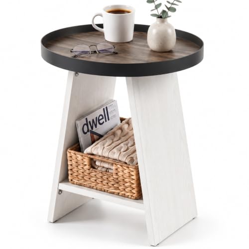 2-Tier Round End Table with 17.7 inch Tray Top, White - color: White