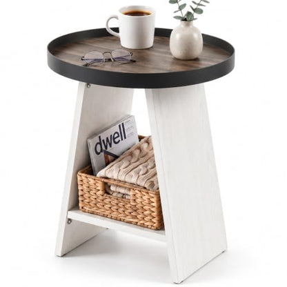 2-Tier Round End Table with 17.7 inch Tray Top, White - color: White