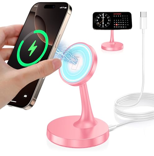 TXXTOL Magnetic Wireless Charger iPhone Stand, 15W Fast Mag-Safe Charger iPhone 17/17 Air/17 Pro/17 Pro Max 16/15/14/13/12 Series Magnet Wireless Charging Station/Pad/AirPods for Home, Office, Travel - color: 1Pack Pink