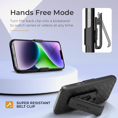 MOTIVE for iPhone 14 Case with Belt Clip, Rigid, Kickstand | 6.1" | Ranger v1 Series, Black, 360° holster, open-top/open-bottom port access, textured grip, slim - size: iPhone 14