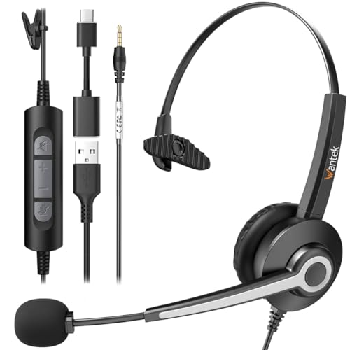 Wantek USB-A/USB C/3.5mm Jack 3-in-1 PC Headset, Wired & Noise with Noise-Cancelling Microphone for Laptop - Type-C Computer Headphones with Mic in-line Control for Home