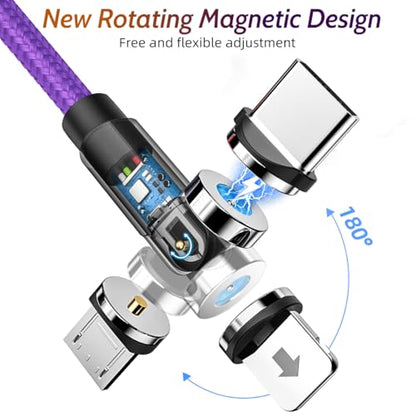 ANMONE Magnetic Charging Cable (540° Rotating 4Pack 3/3/6/6ft Purple) Magnetic Cable Compatible for iPhone,iPad,USB C Smartphone,Android Tablet - color: Tips Rotatable 1/1/2/2m (purple)