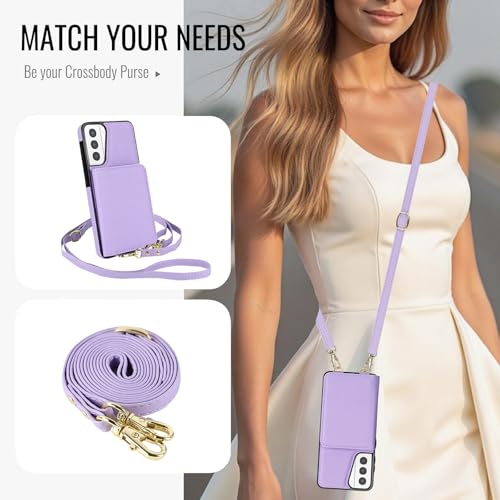 Phone Case for Samsung Galaxy S21 Plus S21+ 5G Wallet Cell Cover with Tempered Glass Screen Protector Wrist Crossbody Strap RFID Blocking Card Holder Slot S21+5G S21plus 21S + S 21 21+ G5 Women Purple - color: Purple