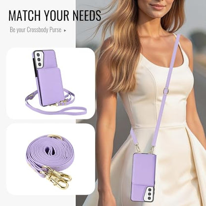 Phone Case for Samsung Galaxy S21 Plus S21+ 5G Wallet Cell Cover with Tempered Glass Screen Protector Wrist Crossbody Strap RFID Blocking Card Holder Slot S21+5G S21plus 21S + S 21 21+ G5 Women Purple - color: Purple