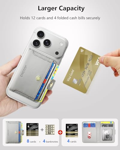 ONETOP for MagSafe Wallet,Magnetic Phone Wallet with 5 Card Slots,Grey | 1-12 Cards/Cash Holder for iPhone 17/16/15/14/13/12 Series,Detachable Wallet Stick-On Back,PU Leather RFID Blocking Kickstand - color: Grey