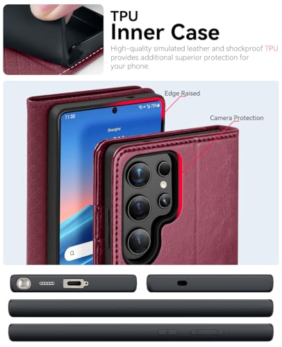 OCASE Compatible with Galaxy S25 Ultra Wallet Case, PU Leather Flip Folio Case with Card Holders RFID Blocking Kickstand [Shockproof TPU Inner Shell] Protective Phone Cover 2025, Burgundy - color: Burgundy, size: Samsung Galaxy S25 Ultra