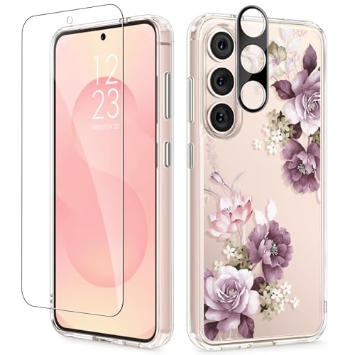 GVIEWIN for Samsung Galaxy S25 Plus Case, Clear Floral Slim Shockproof Protective Women Phone Case, Non-Yellowing, with Screen Protector & Camera Lens Protector for S25 Plus 6.7", Cherry Blossoms - color: Cherry Blossoms/Purple, size: For Galaxy S25 Plus