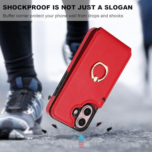Folosu Compatible with iPhone 16 Case Wallet with Card Holder, 360°Rotation Finger Ring Holder Kickstand, RFID Blocking Leather Protective Double Buttons Shockproof Cover 6.1 Inch Red - color: Red