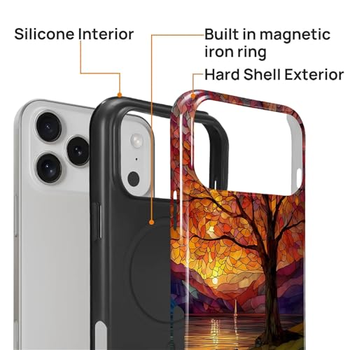 Magnetic Phone Case for iPhone 17 Pro Max,Compatible with MagSafe,Durable 2 Layers Full Covered Shockproof Protective Cover-Stained Glass Sunrise Fall Leaves - color: Stained Glass Sunrise Fall Leaves, size: iPhone 17 Pro Max