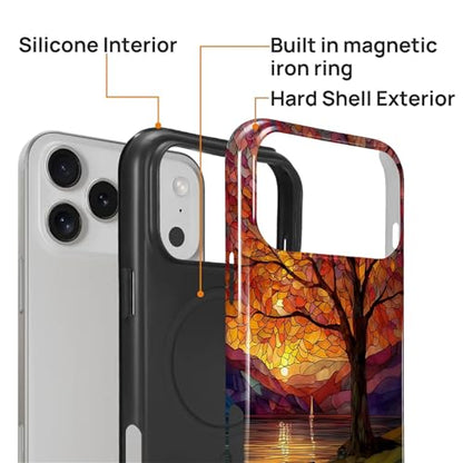 Magnetic Phone Case for iPhone 17 Pro Max,Compatible with MagSafe,Durable 2 Layers Full Covered Shockproof Protective Cover-Stained Glass Sunrise Fall Leaves - color: Stained Glass Sunrise Fall Leaves, size: iPhone 17 Pro Max