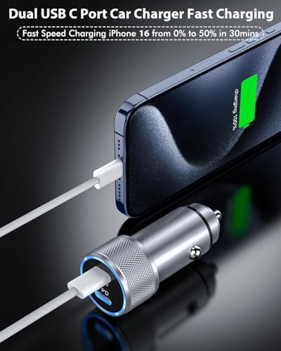 iPhone 17 Car Charger,USB C Fast Car Charger Adapter 2Pack Dual USB C Port - color: Silver 6FT